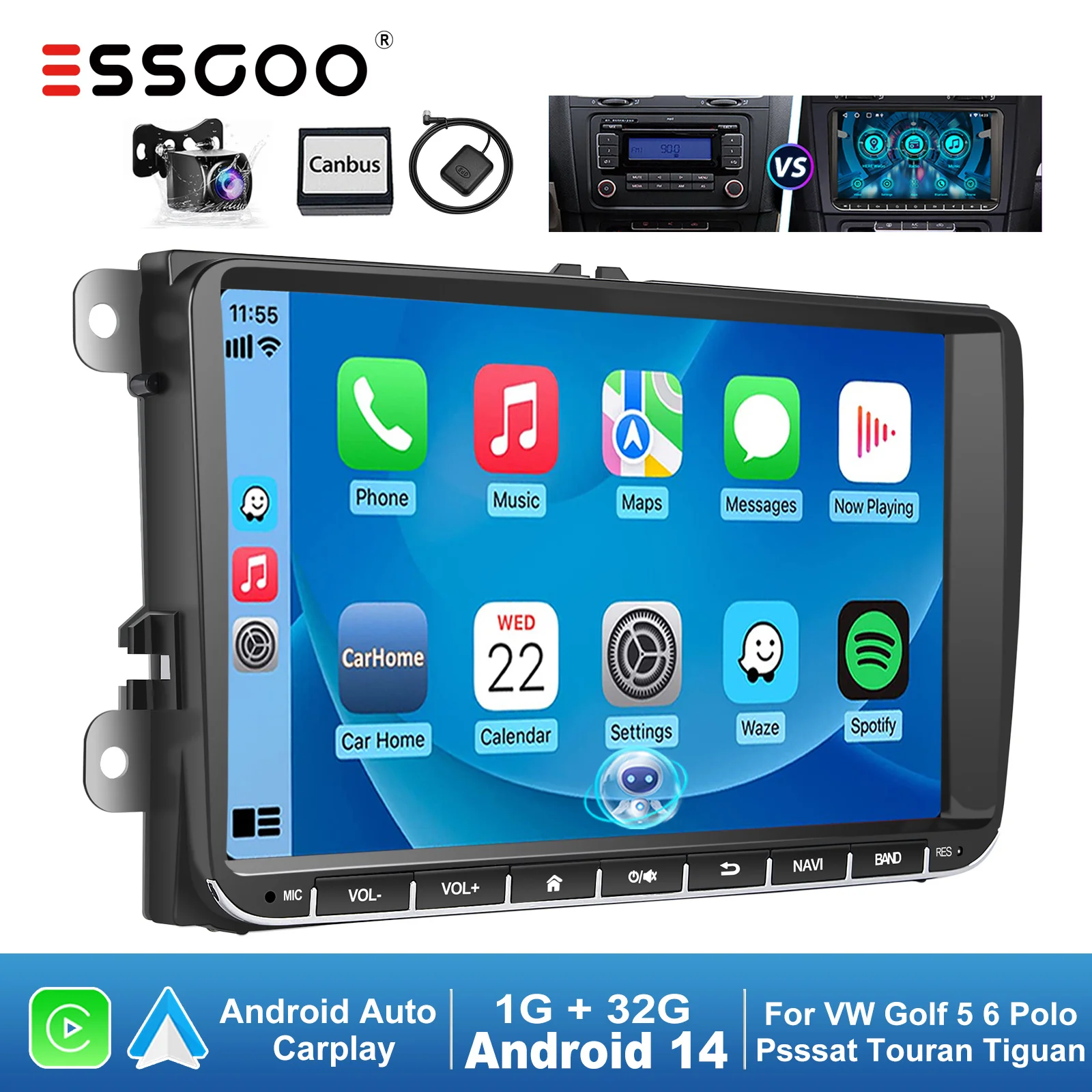 ESSGOO 9" Android 14 4+64G Drahtloses CarPlay Autoradio für VW Golf 5/6 Passat B6/B7 Polo Touran Tiguan Caddy GPS-Satellitennavigation WIFI RDS FM BT EQ SWC USB Intelligentes System