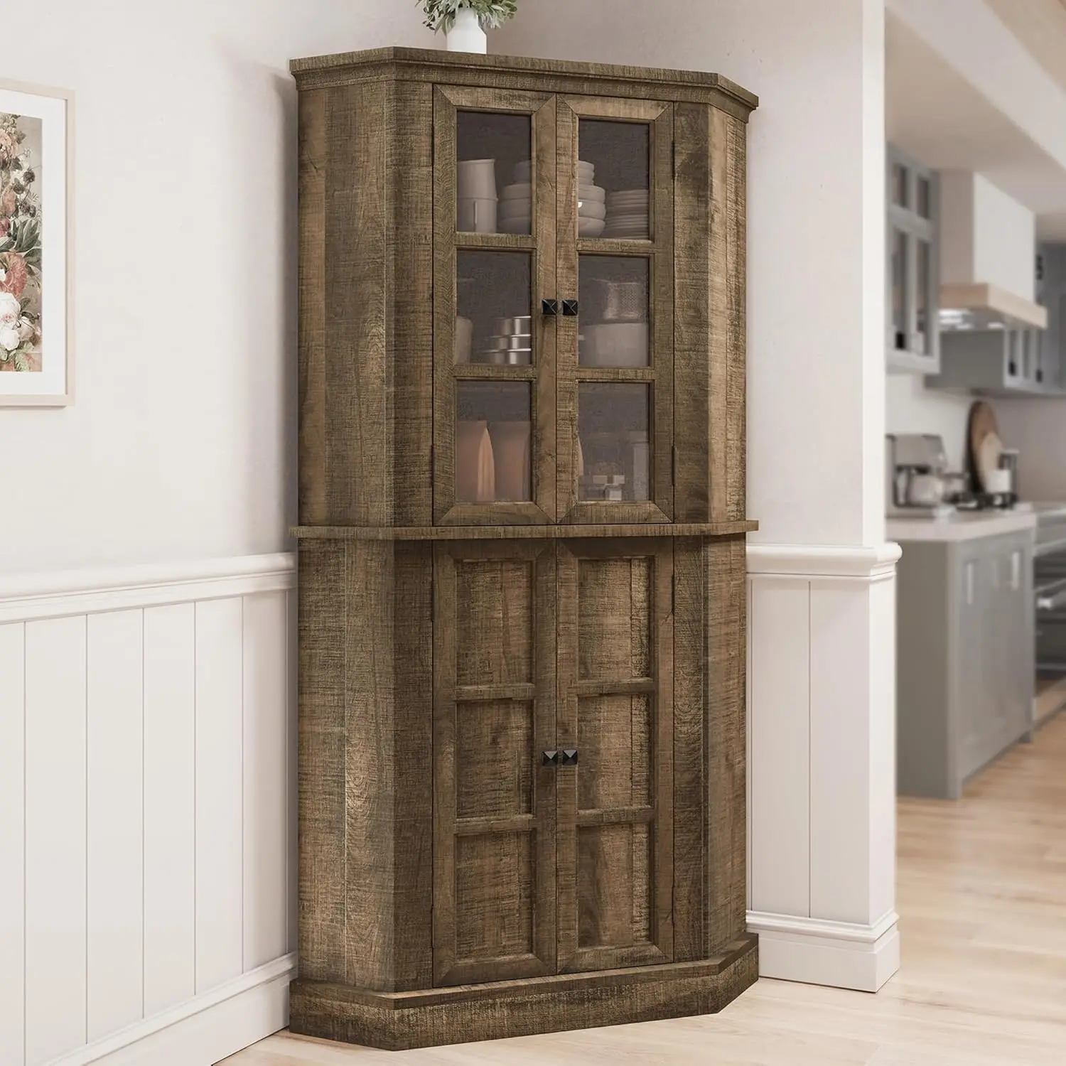 

67" Kitchen Corner Pantry Cabinet with Glass Doors, Farmhouse Tall Corner Curio Display Cabinet