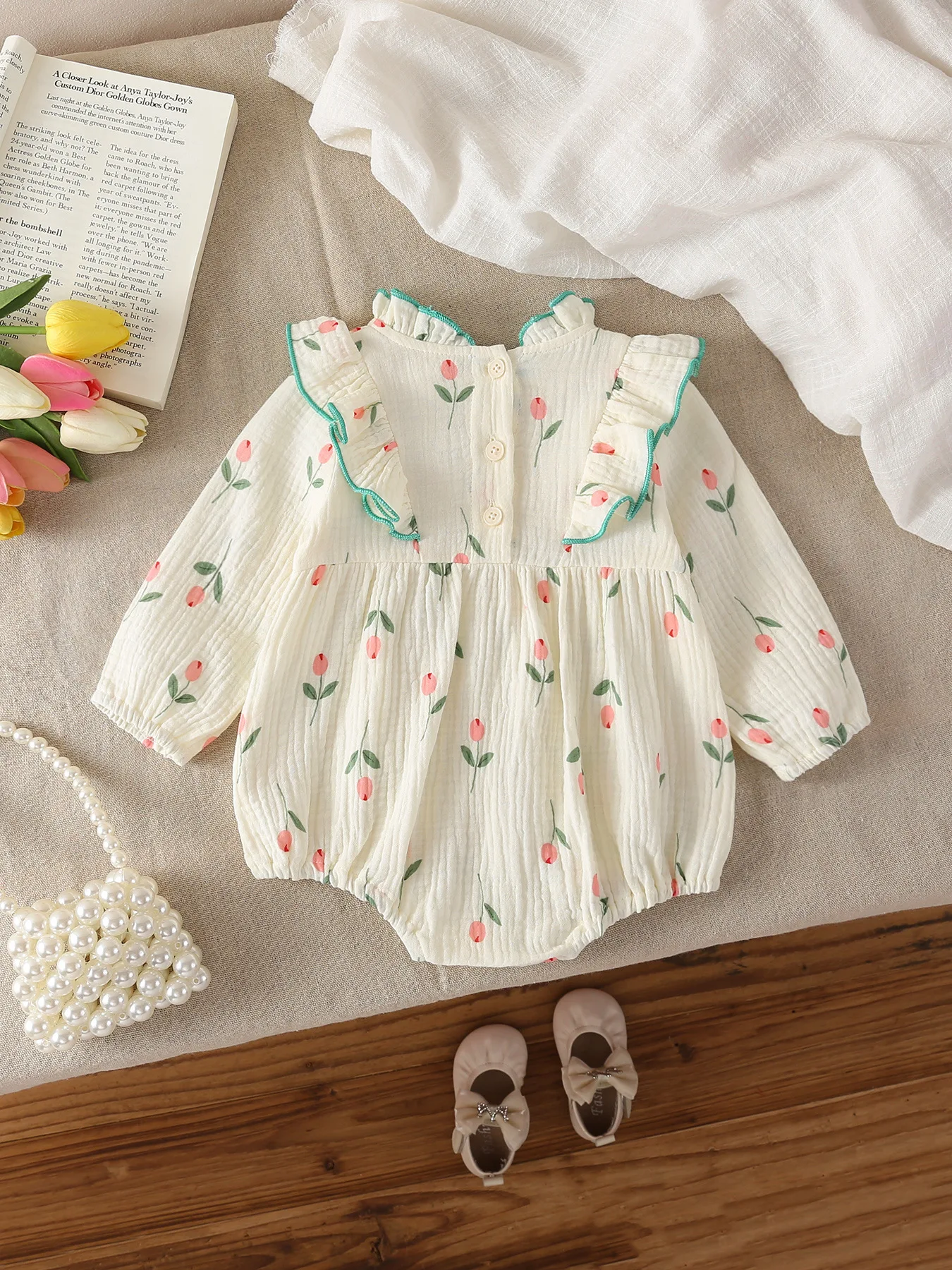 2025 LILIGIRL Autumn New Baby Girls Clothes Tulip Print Infant Bodysuits One Piece Infant Rufflle Outfit