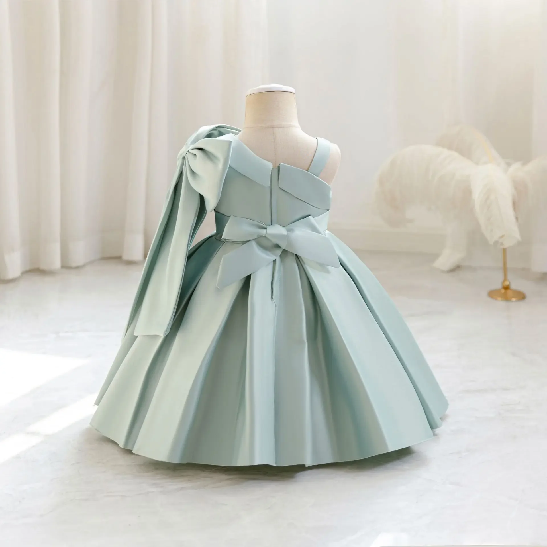 Solid Girls Satin Dresses For 1st Birthday Party Baby Children Runway Playing Princess School Ball Gown 6M-5 Years