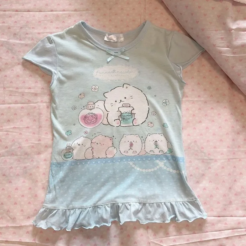 Camisetas HOUZHOU Azules Kawaii Juminocore para Mujer, Estilo Y2k Cutecore con Volantes, Manga Corta, Lazo, Estilo Japonés Dulce, Corte Ajustado, Casual, Básico