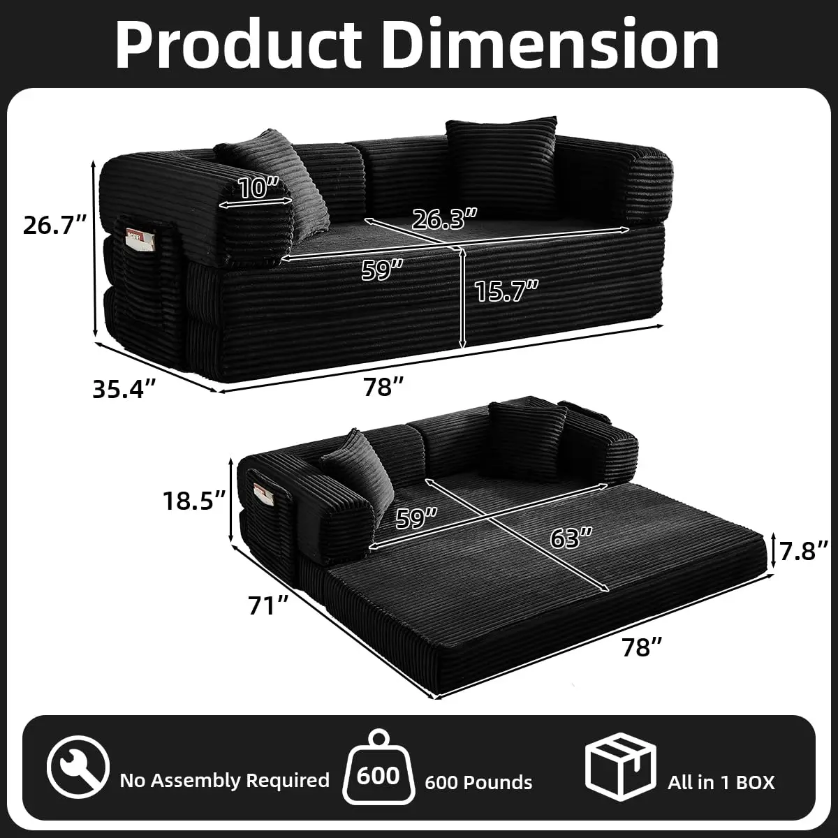 81 Inch Convertible Folding Sofa Bed,Foldable Floor Sofa with Fixed Frame,Corduroy Mattress for Living Room Bedroom, Customized