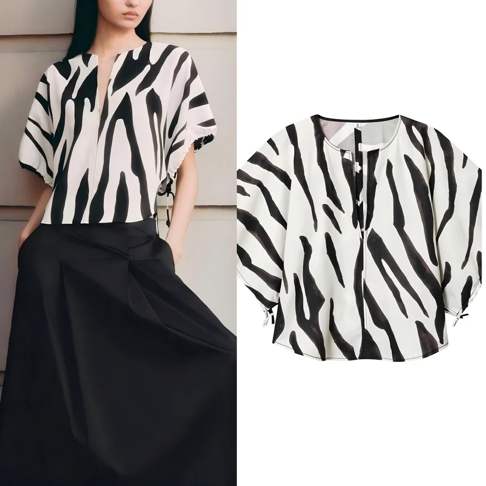 

Новая женская мода на шнуровке, повседневный топ в полоску с принтом животных, женская рубашка в стиле ретро с v-образным вырезом и короткими рукавами, шикарный топ