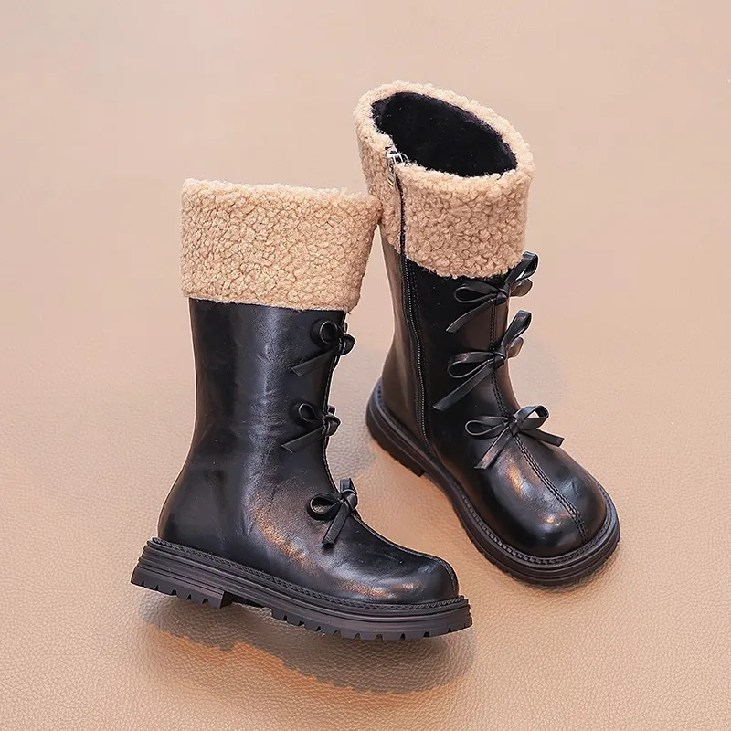 Winter Children Long Boots Classic Black Brown Versatile Girls Bowknot Causal Cotton Shoes Fashion Kids Mid-calf Leather Boots