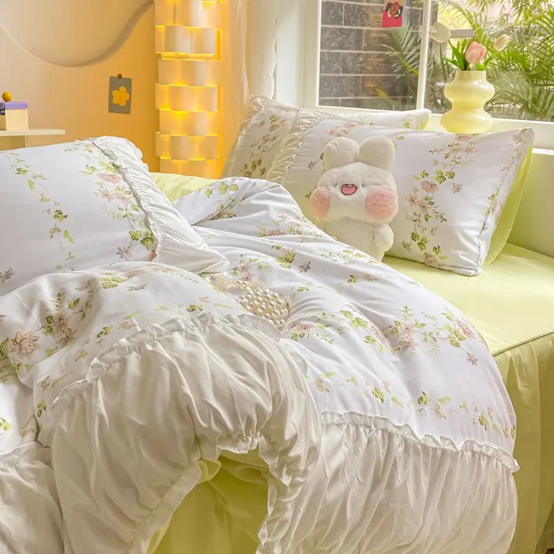 

Комплект постельного белья из стираного хлопка в стиле принцессы, свежий комплект из 3/4 предметов: пододеяльник, простыня и юбка для кровати (односпальная) для девочек