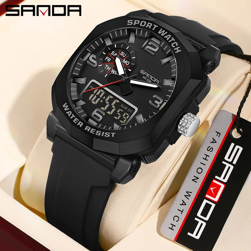 ساعات SANDA الرقمية التناظرية LED للرجال، متعددة الوظائف، رياضية خارجية، مضيئة، مقاومة للماء، كوارتز