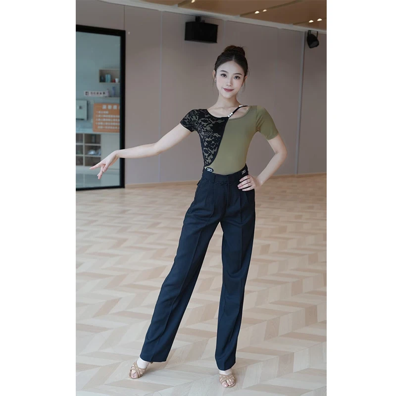 Women Latin Ballroom Dance Clothes Pearl Lace Tops Short Sleeves Gray Black Latin Trousers Salsa Dance Practice Wear DNV24401