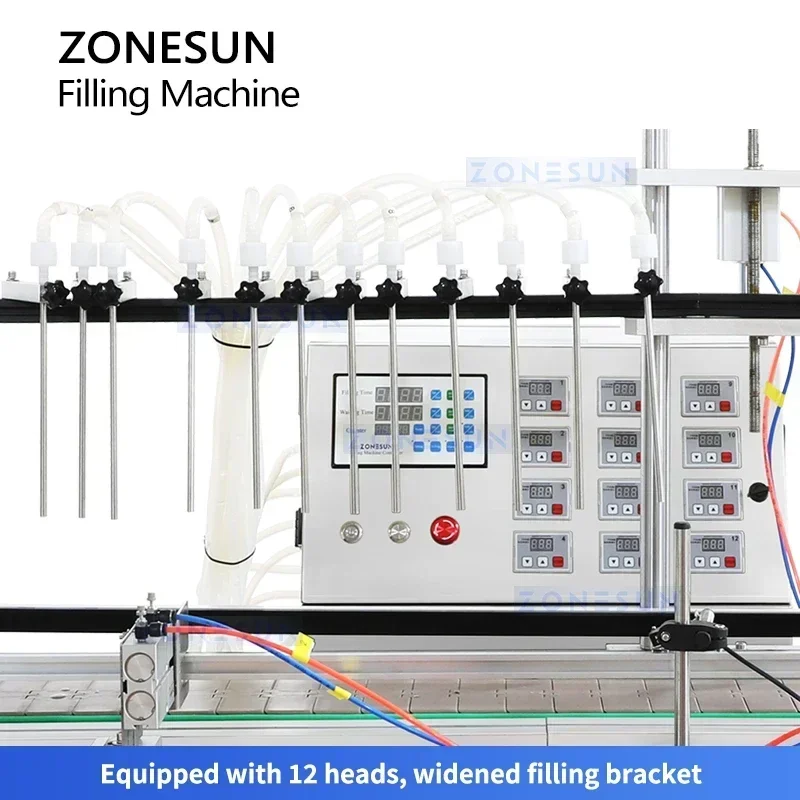 Zonesun Automatische Flüssigkeitsfüllmaschine, 12 Köpfe, 30–4000 ml, Wasserflaschenfüller, Membranpumpe, Verpackungsleitung ZS-VTDP12P