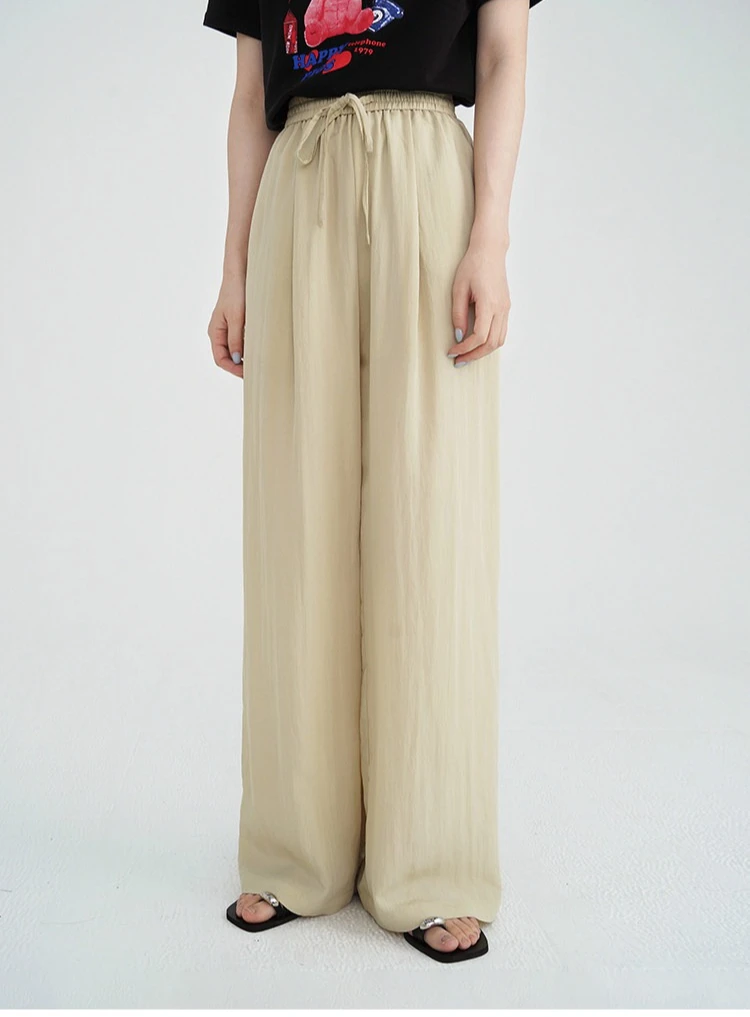 Women Drawstring Elastic Waist Wide Leg Pants Lightweight Draped Loose Fit Spring Long Trousers Lady Relaxed Versatile Bottoms