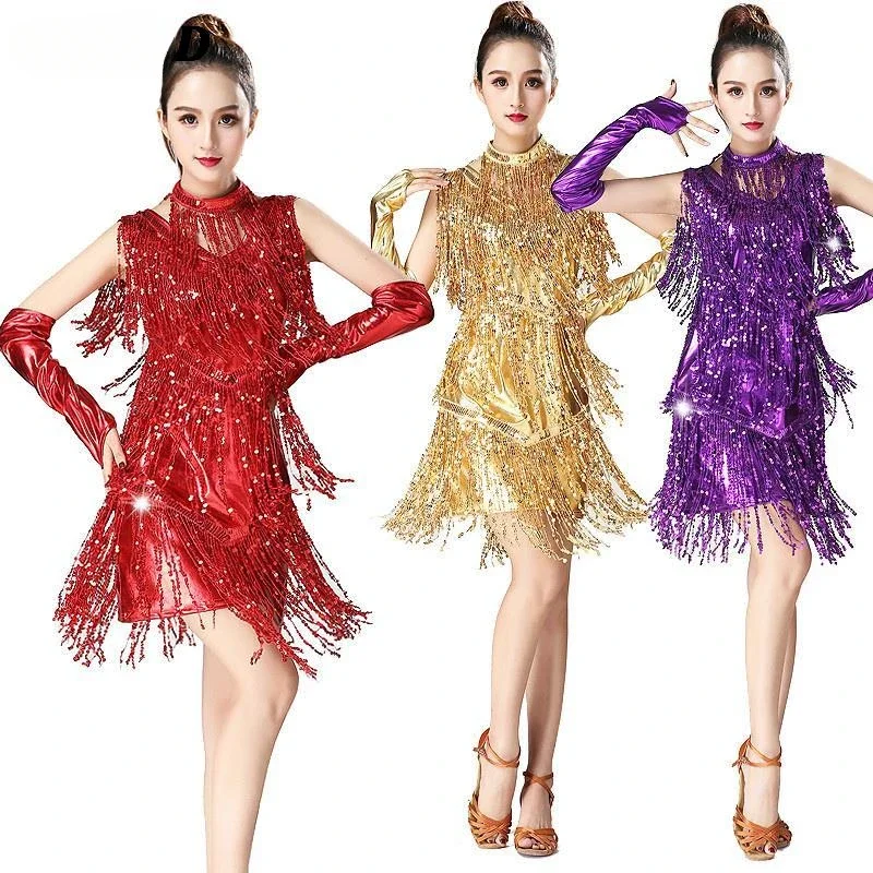 Sexy Latin Dance Dress Set Women Sequins Tassel Rumba Salsa Tango Dress Ladies Professional Performance Dress Goddess Clothing