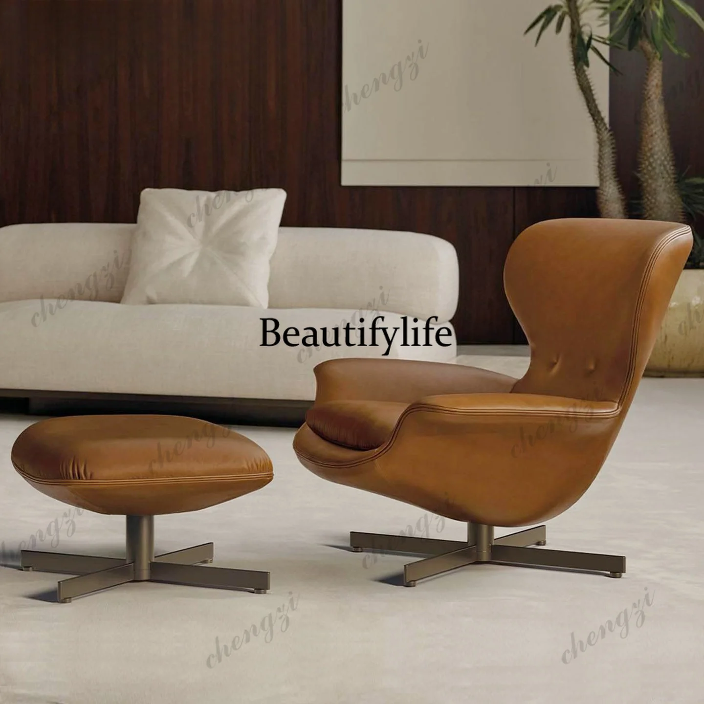 Modern simple leather single sofa chair with pedals rotatable light luxury living room ash wood leisure chair