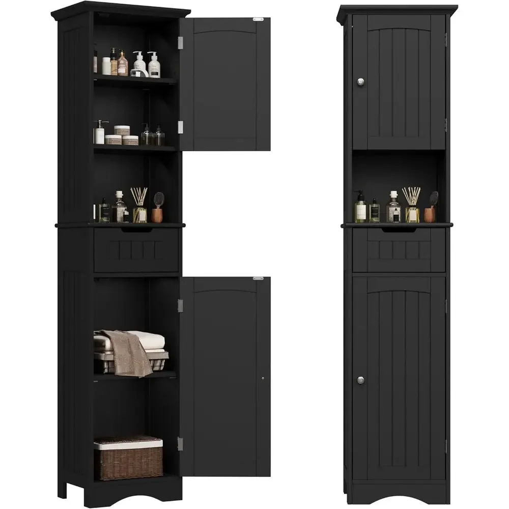 

Freestanding Tall Bathroom Storage Cabinet with 2 Doors and 1 Drawer, Adjustable Shelves for Home Use in Black