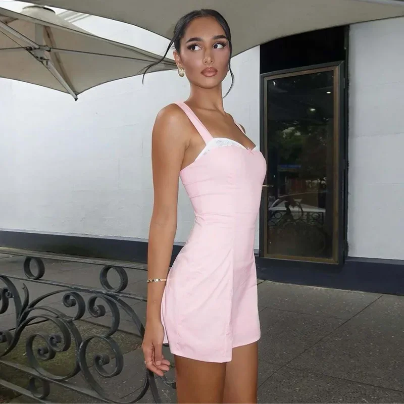 

Birthday Dress for Women New Summer 2025 Splicing Lace Dress with Chest Wrapping Strap Dress m