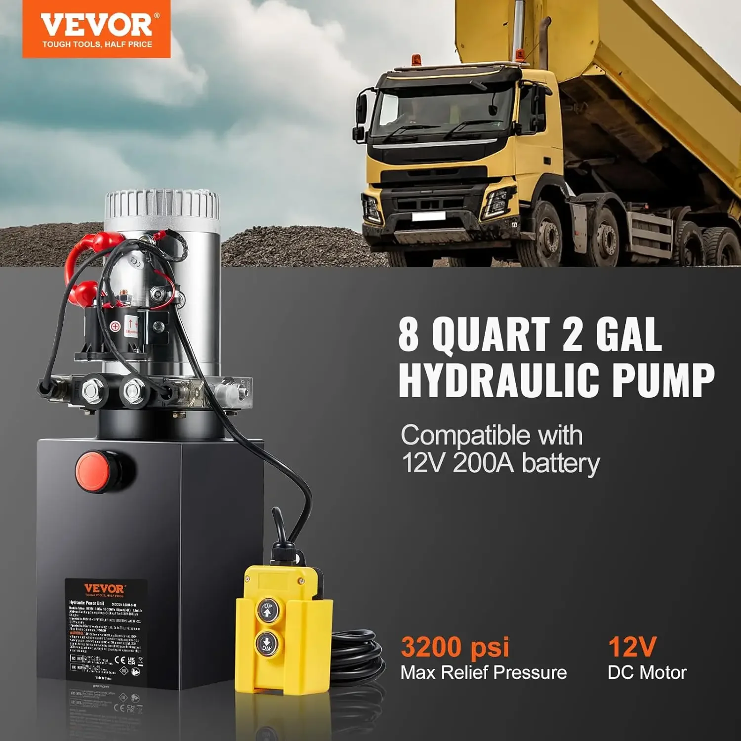 8 Quart Double Acting, 0.91 GPM Flow Rate, 3200 PSI Max Relief Pressure, DC 12V Hydraulic Pump for Dump Trailer Car Lifting