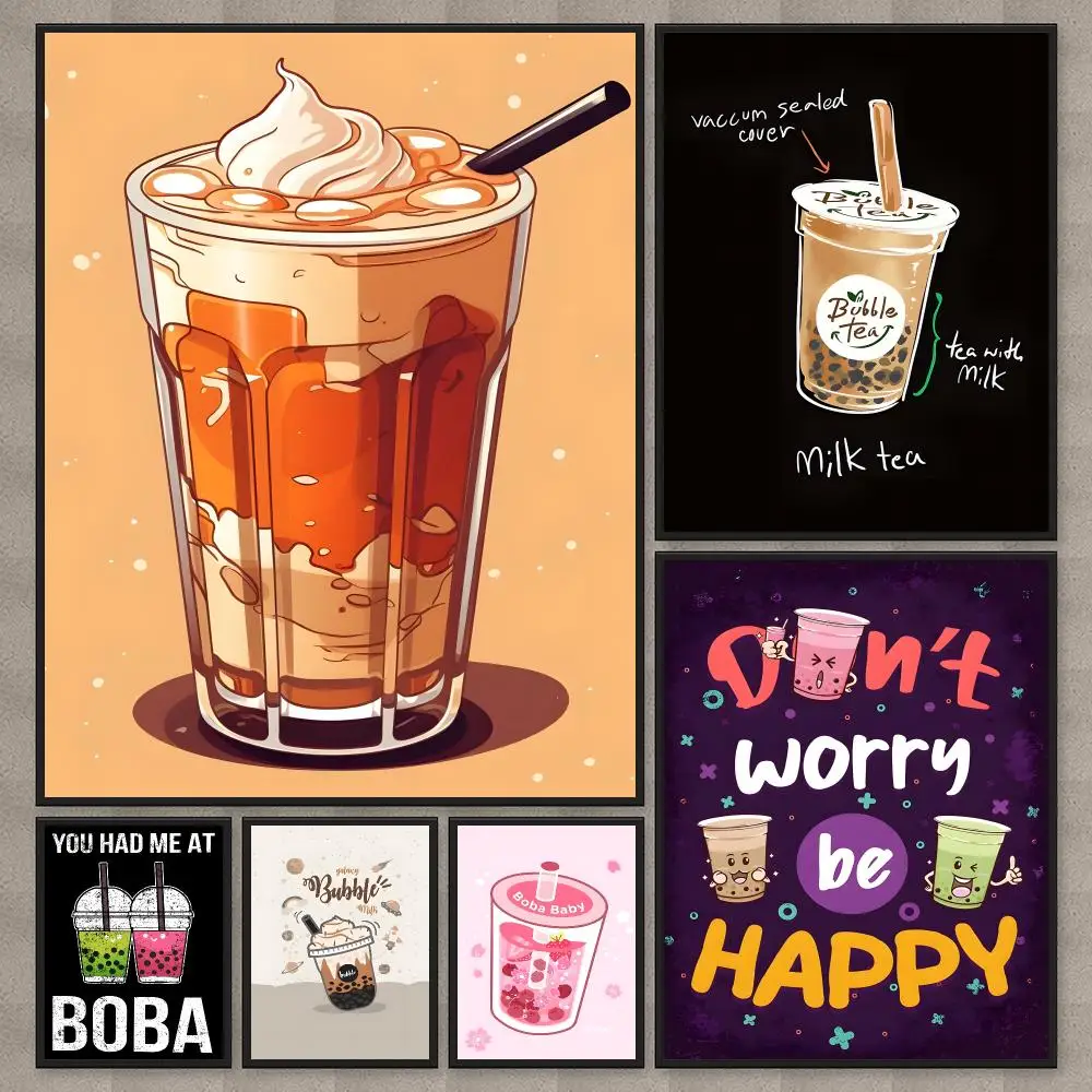Milk Tea Poster Waterproof Sticky Wall Art Print For Bedroom Living Room Hallway Bar Home Decor