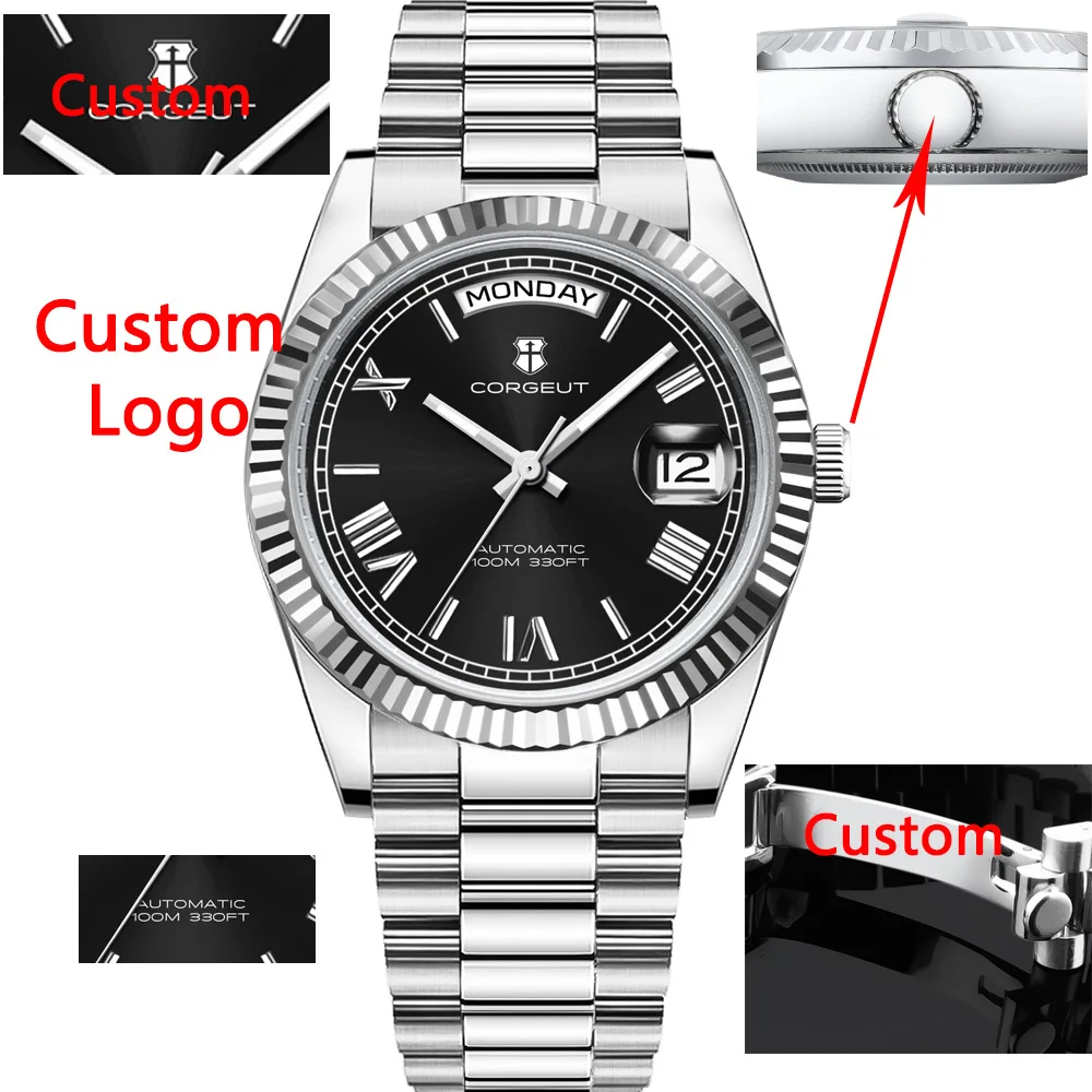 

39mm Custom Logo Watches Men's Luxury NH36 Automatic Calendar Week Wristwatch Sapphire Glass Stainless Steel Waterproof Watch