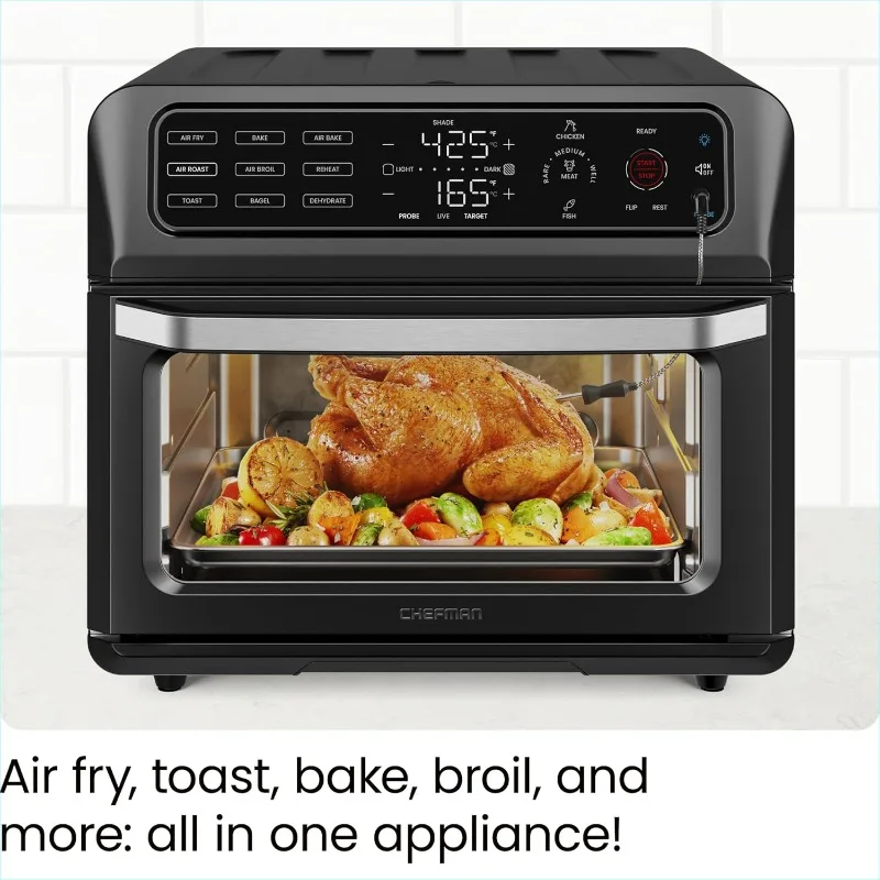 Air Fryer Toaster Oven Combo with Probe Thermometer, 12-In-1 Stainless Black Convection Oven Countertop, 4 Slices of Toast