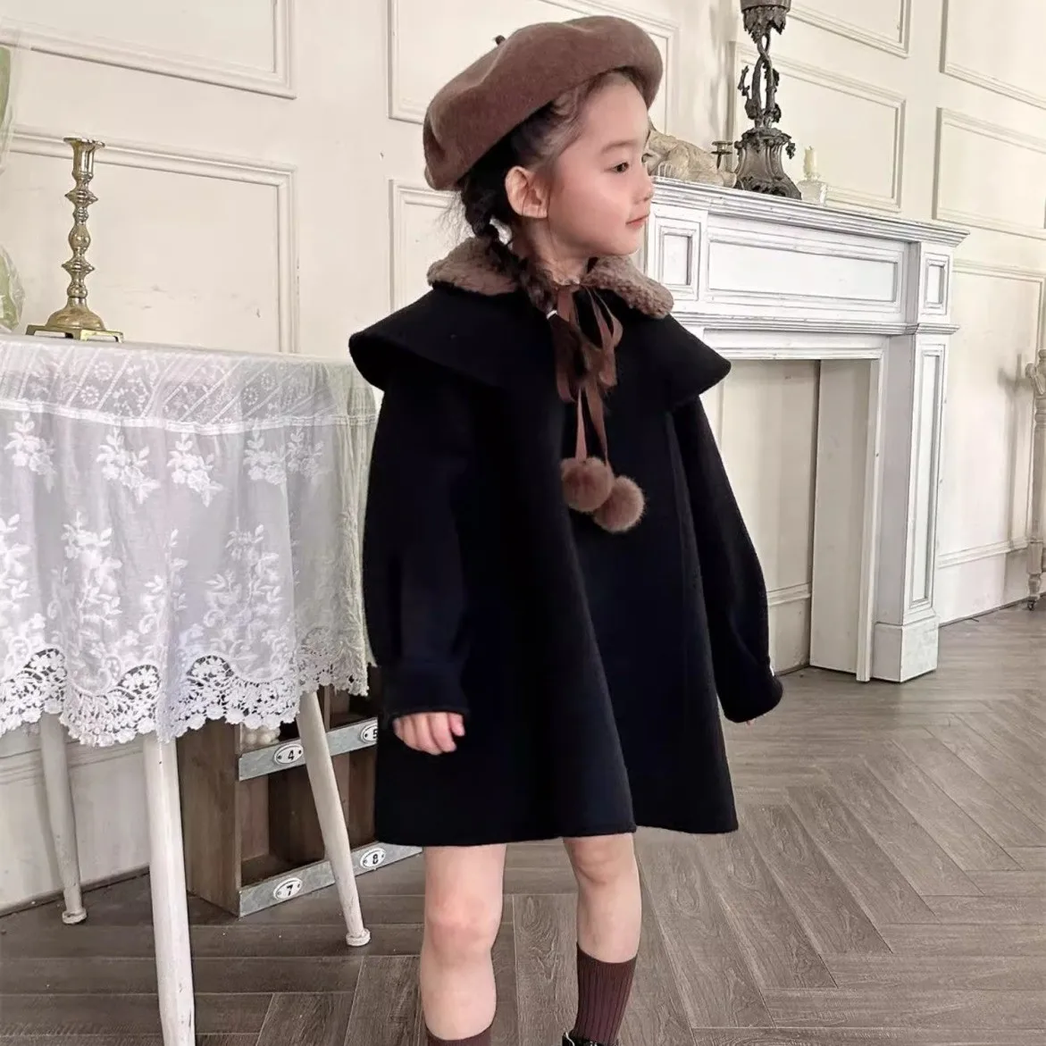 

100-140cm Girls' Woolen Coat Autumn/Winter New Fashionable Children's Thick Wool Collar Woolen Coat