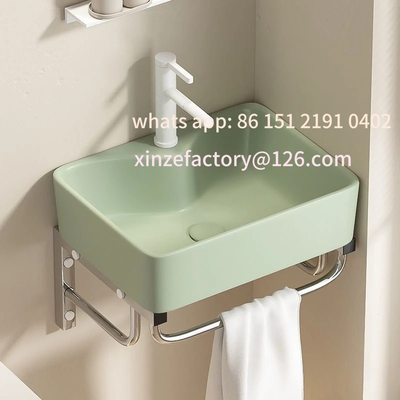

Customizable winter ceramic wash basin stainless steel bracket face tray bathroom sink space saving wall hanging fruit green