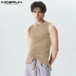 2023 Men Tank Tops Solid O-neck Sleeve Drawstring Lace Up Fitness Casual Vests Summer Streetwear Fashion Men Clothing INCERUN