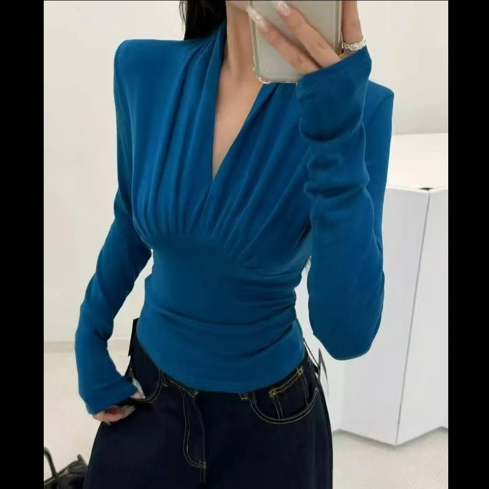 Women V‑Neck Pleated Long Sleeve T‑Shirt Slim Fit Waist‑Hugging Casual Autumn Winter Basic Tee Elegant Solid Female Blouse Tops