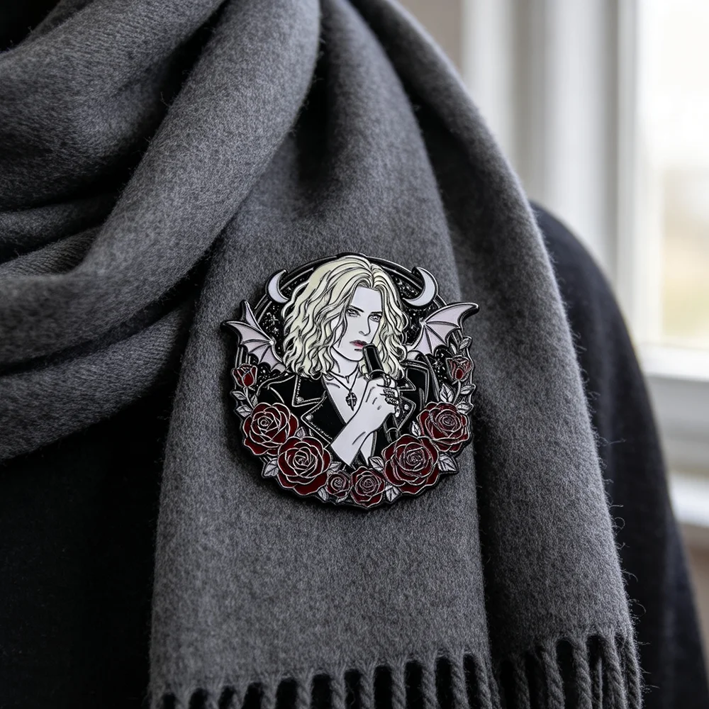 Gothic the Vampire Lestat Enamel Pin - Rose Bat Wing Moon Design Lapel Brooch for Backpack Fan Collectible Accessory