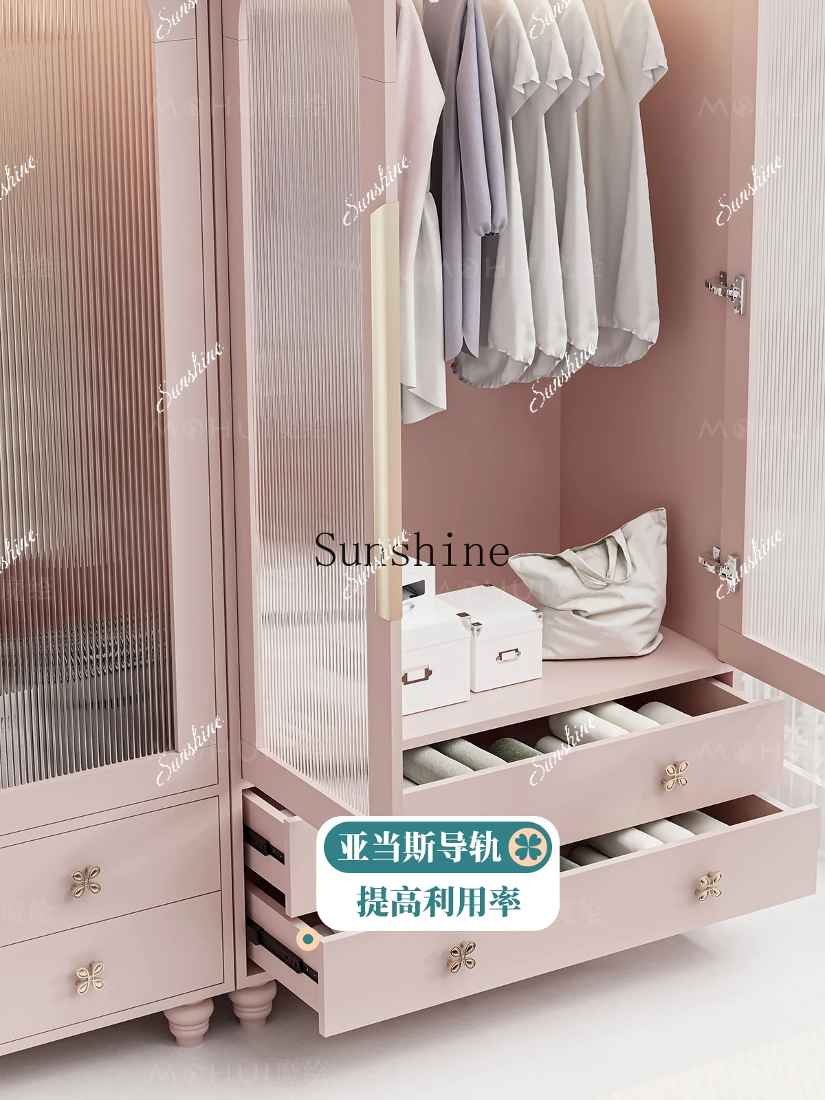 French wardrobe bedroom with light glass door combination wardrobe size apartment pink  FT