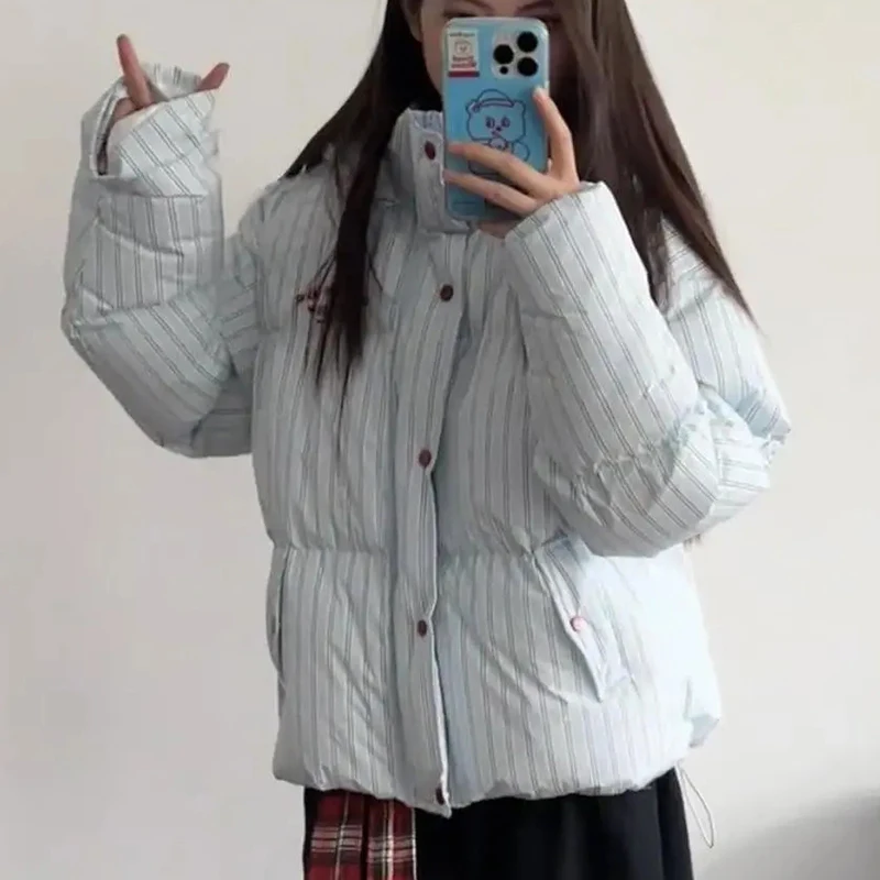 معطف مخطط دافئ بقلنسوة 2025 موضة جديدة معطف نسائي مبطن من القطن معطف شتوي فضفاض غير رسمي للنساء من القطن H763 #5