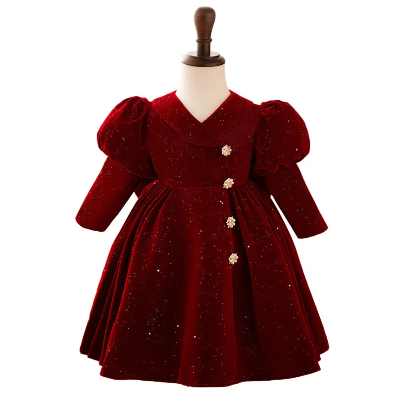 Girl\'s new fall and winter girl\'s princess dress wine red long-sleeved velvet dresses baby girl dresses