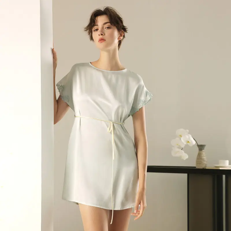 100% Mulberry Silk Short Sleeve Nightshirt Women's Summer Silky Satin Nightdress Loose Fit Mini Nightgown Sexy Lingerie Pajamas