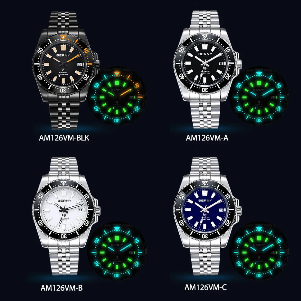 BERNY Men 20ATM Diving Automatic Self-Wind Watch BERNY NH35 Super Luminous Sapphire Sport Mechanical Automatic Men Wristwatch