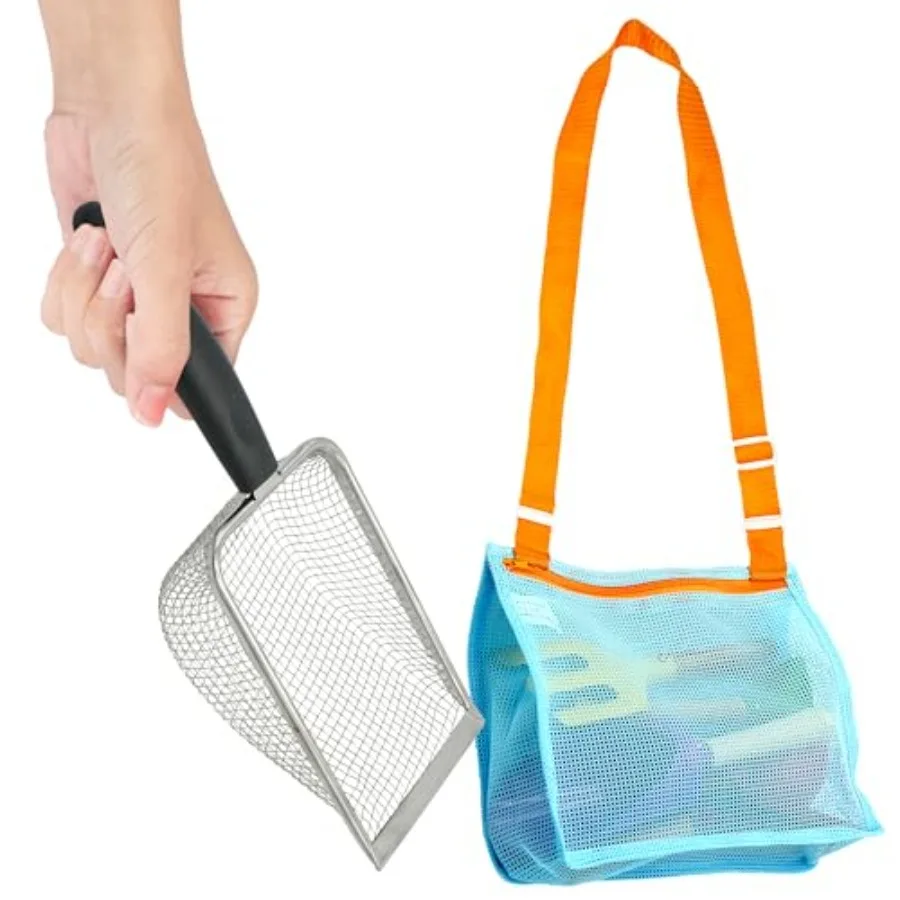 Shark Tooth Sifter for Beach with Small Mesh Beach Bag for Shell Collecting, Metal Sand Scoop for Picking Up Shells - Beach Toy