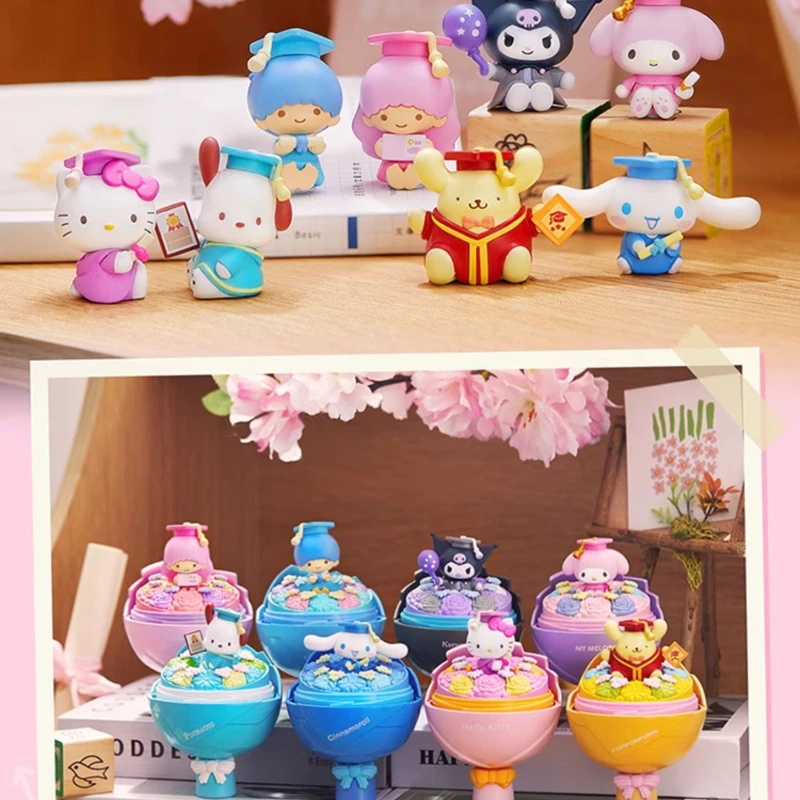 Sanrio Figure Toys Hello Kitty Kuromi Cinnamoroll My Melody Kawaii Model Graduation Bunch Of Flowers Figurine Desk Decor Gift