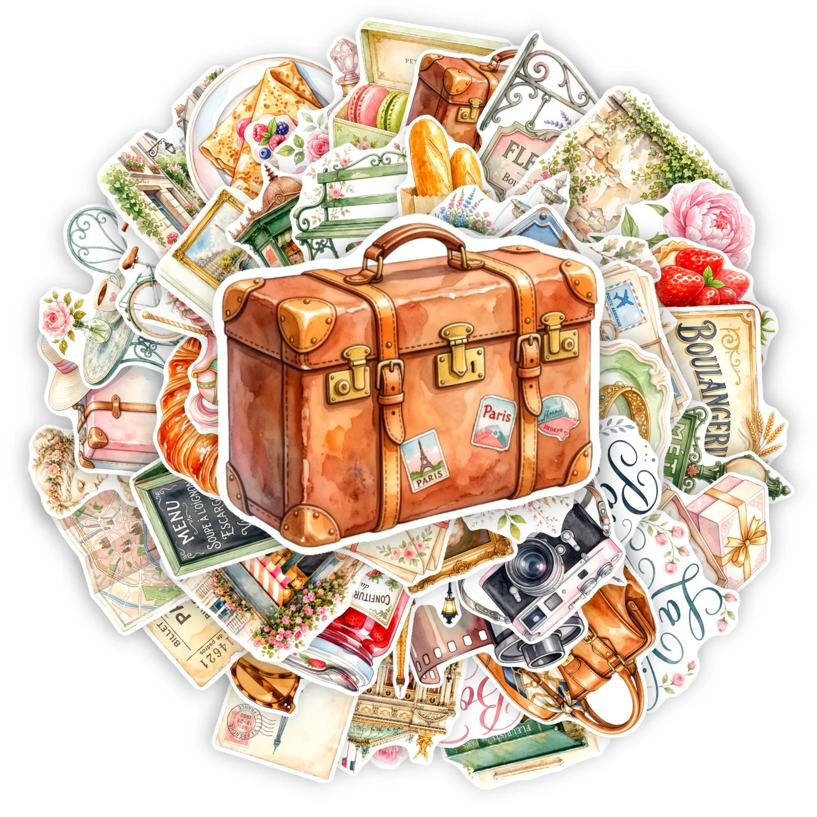 50 PCS French Romantic Watercolor Paris Style Culture Theme Stickers Decorate Luggage Art Book Helmet Bike Removable Decals