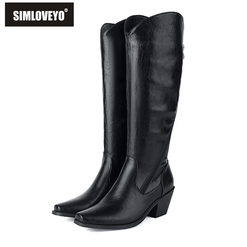 SIMLOVEYO 2024 Knee Boots 5.5CM Chunky Heels Leather Big Size 45 46 47 US16 US15 Black Red White