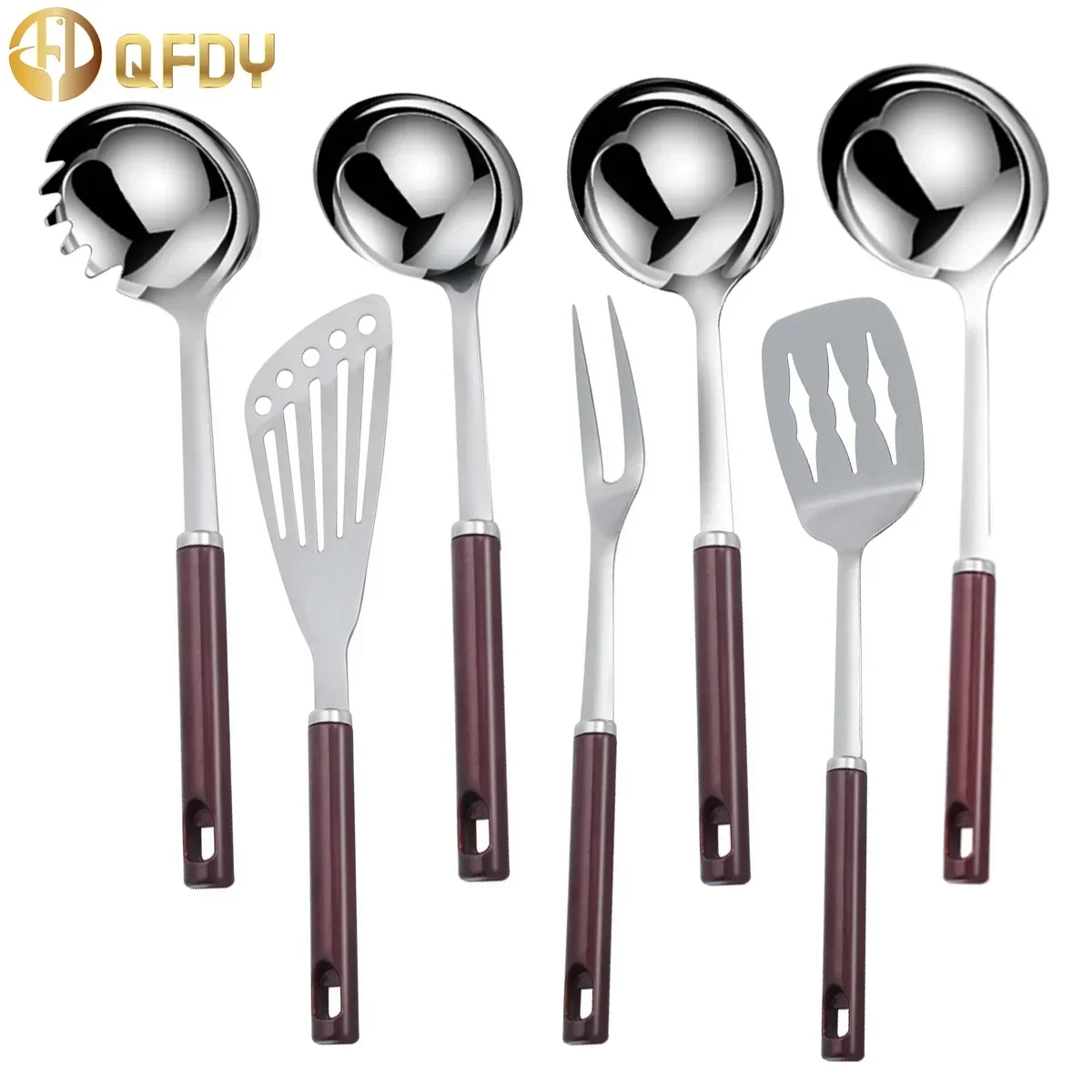 

Stainless Steel BBQ Meat Fork Wooden Handle Frying Spatula Tongue Spoon Colander Home Cooking Pots Set Kitchen Accessories