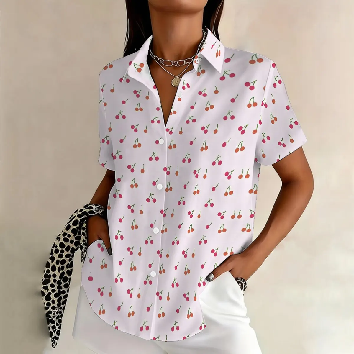 

Summer Plus Size Women's Cherry Print Short-Sleeve Shirt, Loose Fit, Versatile Shirt for Vacations and Outings