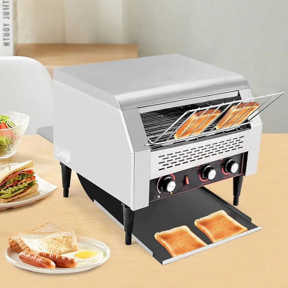 상업용 컨베이어 토스터 시간당 450개 조각 조절 가능한 온도와 속도를 갖춘 2600W 헤비 듀티 스테인레스 스틸 토스터