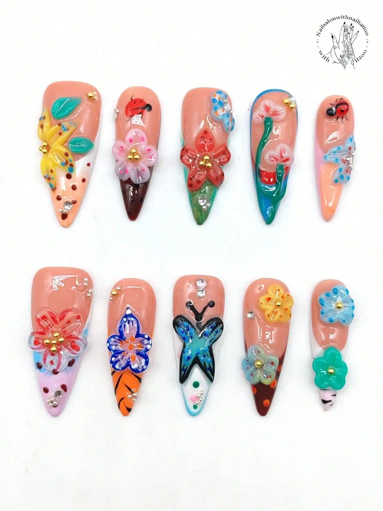 Handmade Press-On Nail Set 10pcs 33mm Length Slim High Heel Pointed Tips French Style Nail Art Pastel Colors with 3D Flower Butt