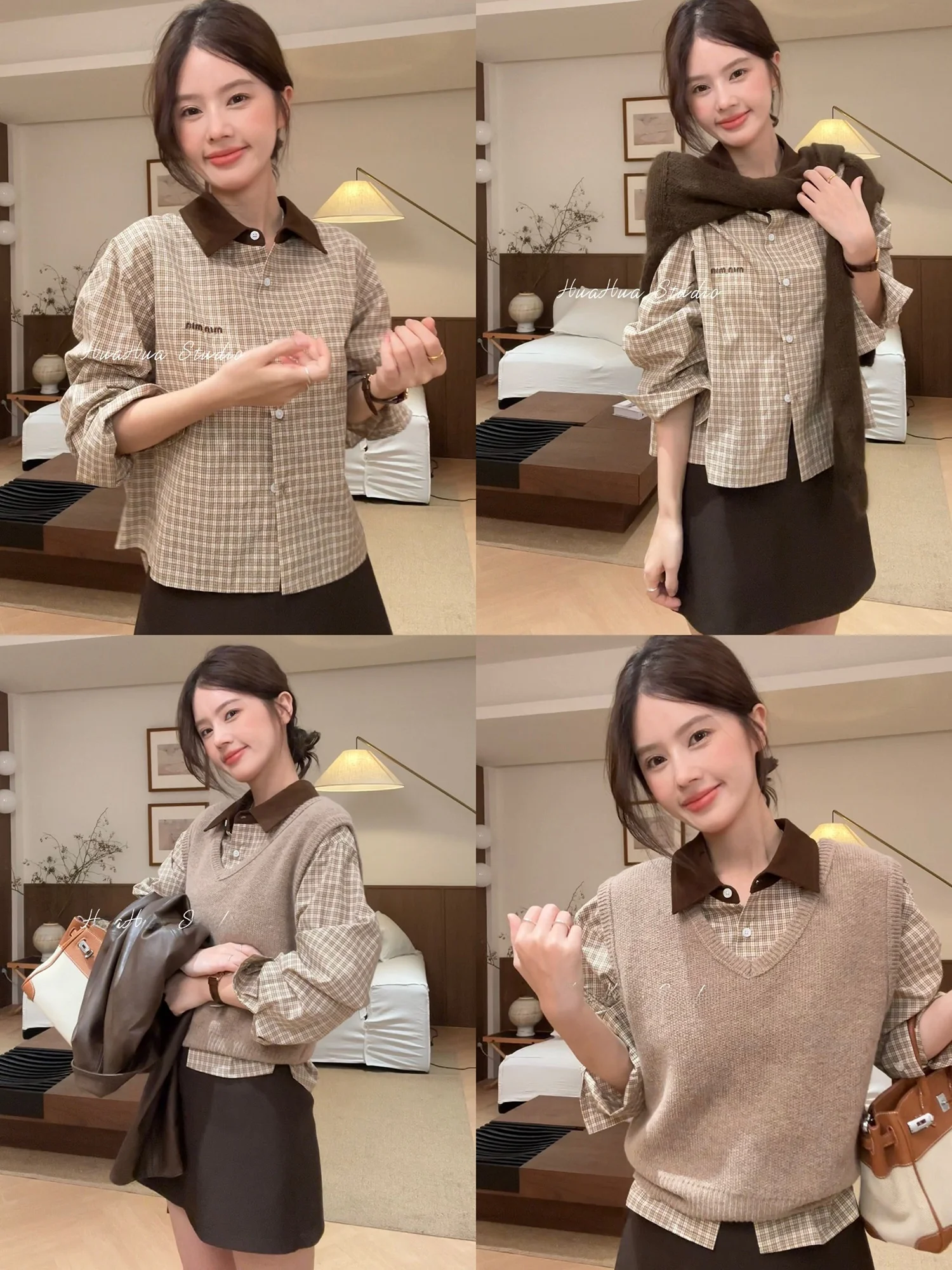 

HuaHua Retro Cotton irt M Letter Embroidery Plaid ort Sve Long Sve Women's Comfortable Breathable Daily Wear