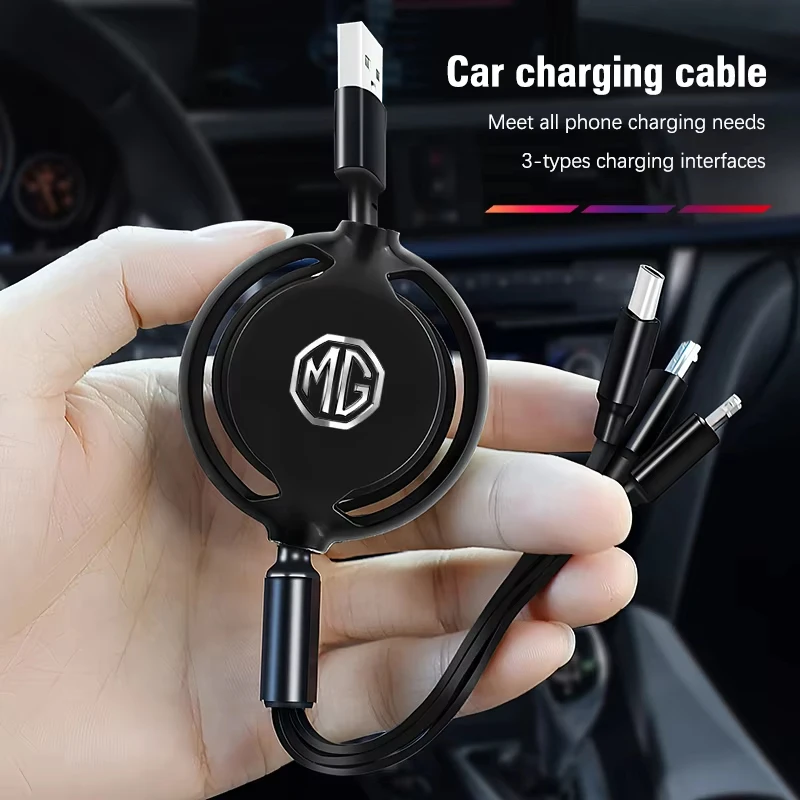 Car Retractable Charging Cable 3-in-1 Charging Cord Tangle Free Charge Cord For MG ZS MG4 EV MG HS MG3 MG5 EV Marvel R MG ONE