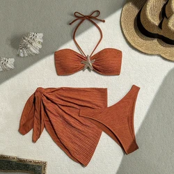 Set bikini a fascia marrone stella marina in metallo 3 pezzi costume da bagno sexy cover up donna 2026 costumi da bagno da vacanza taglio alto bagnante abbigliamento da spiaggia
