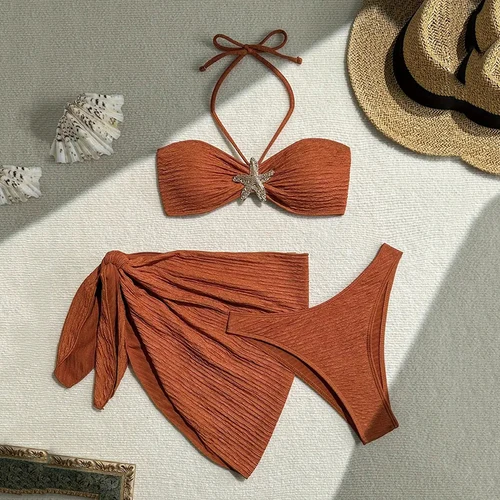 Conjunto de Bikinis Bandeau marrón estrella de mar de Metal para mujer, traje de baño Sexy de 3 piezas, traje de baño para vacaciones, bañador de corte alto, ropa de playa 2026