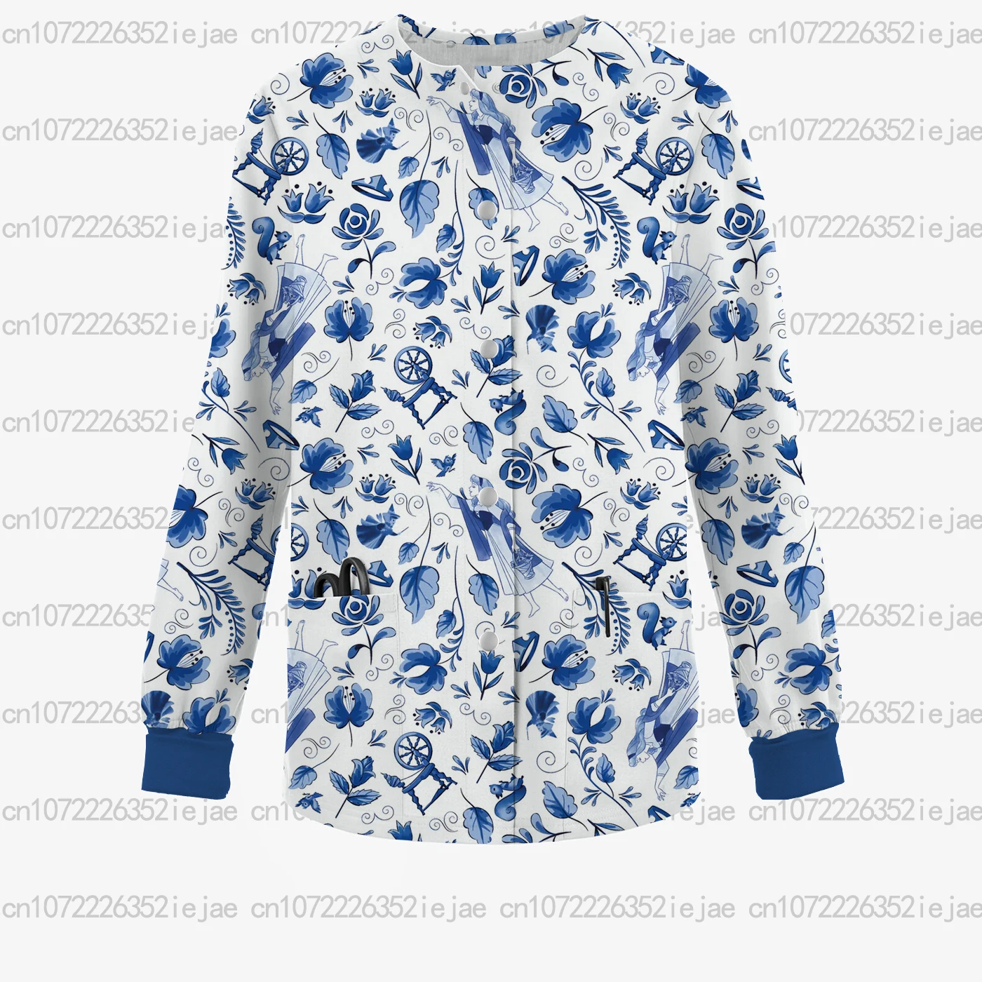 Winterverpleegkleding voor dames, Disney Doornroosje Prinses Print Ronde hals Zak Frosted Jas/Jas voor schoonheidssalons