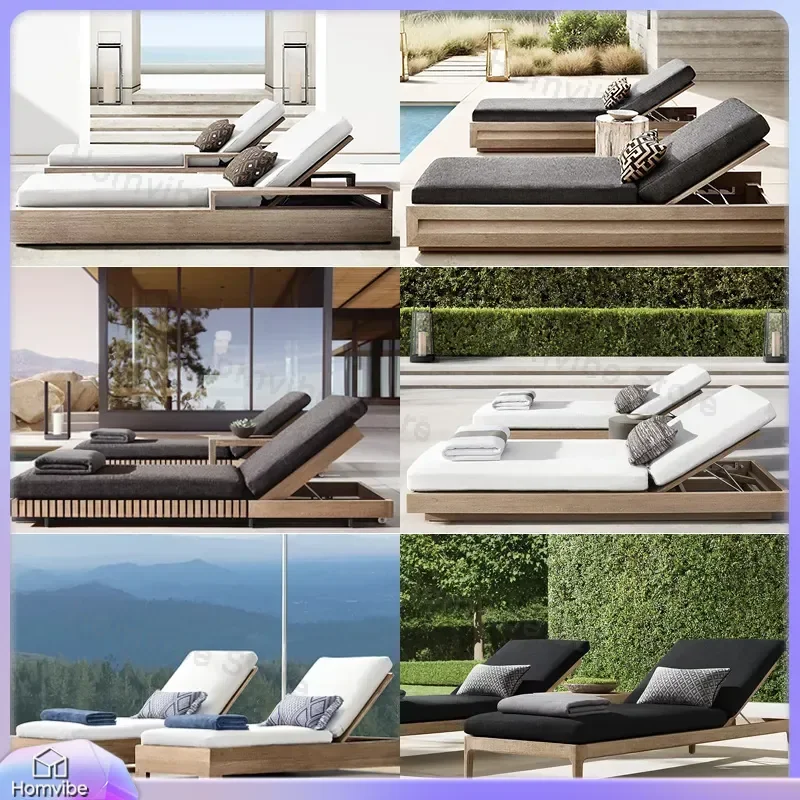 Teak Wood Lounge Chair Outdoor Waterproof Sunbed Poolside Beach Garden Furniture Solid Wood Recliner Patio Deck Chaise Longue