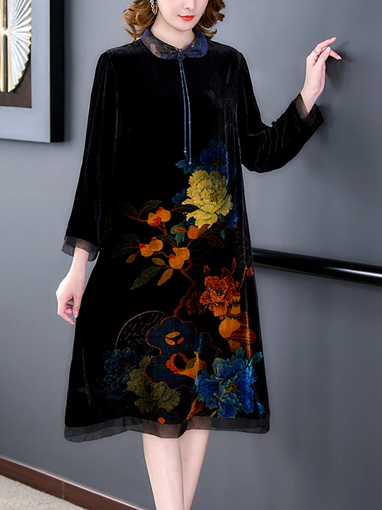 2024 Black Floral Velvet Polo Collar Midi Dress Autumn Winter Thick Warm Loose Prom Dress Women Korean Vintage Hepburn Vestidos