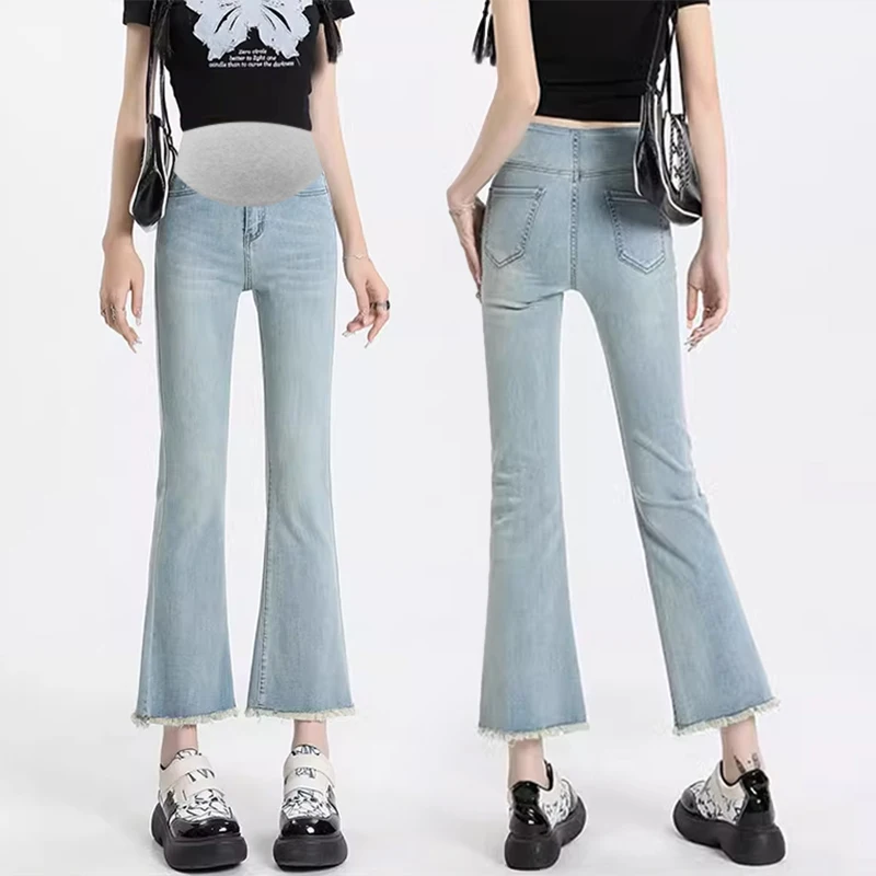 

Korean Style Maternity Belly Denim Trousers Summer Thin Jeans Stretched Cropped Jeans Blue Pregnant Woman Flare Bottoms Pants