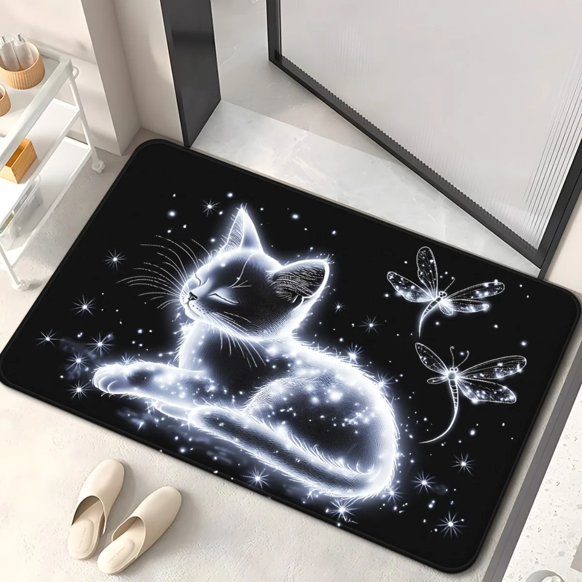 Cat Dragonfly Doormat, Modern Animal Pattern Indoor Entrance Non Slip Rug, Washable Kitchen Bathroom Shower Area Carpet