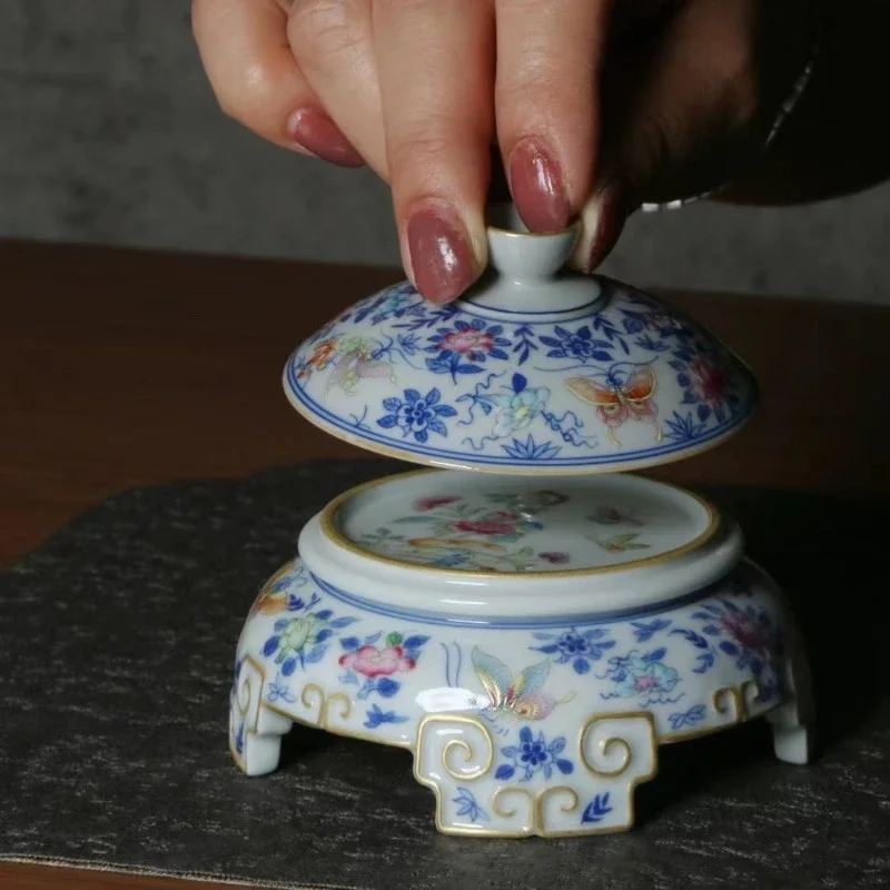 Enamel color butterfly love flower series, cover bowl blue and white tea can gold-painted cover, smell cup