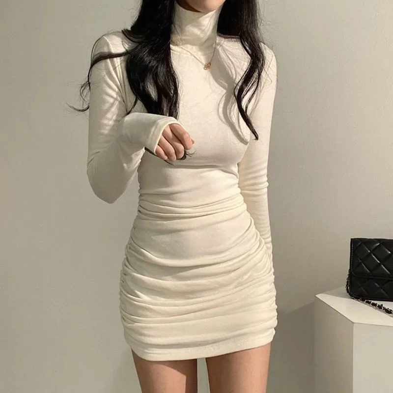 Sexy Hohe Taille Bandage Kleider für Frauen Verdicken Dünne Elastische Rollkragen Kleid Frau Einfarbig Langarm Innere Tragen Kleider